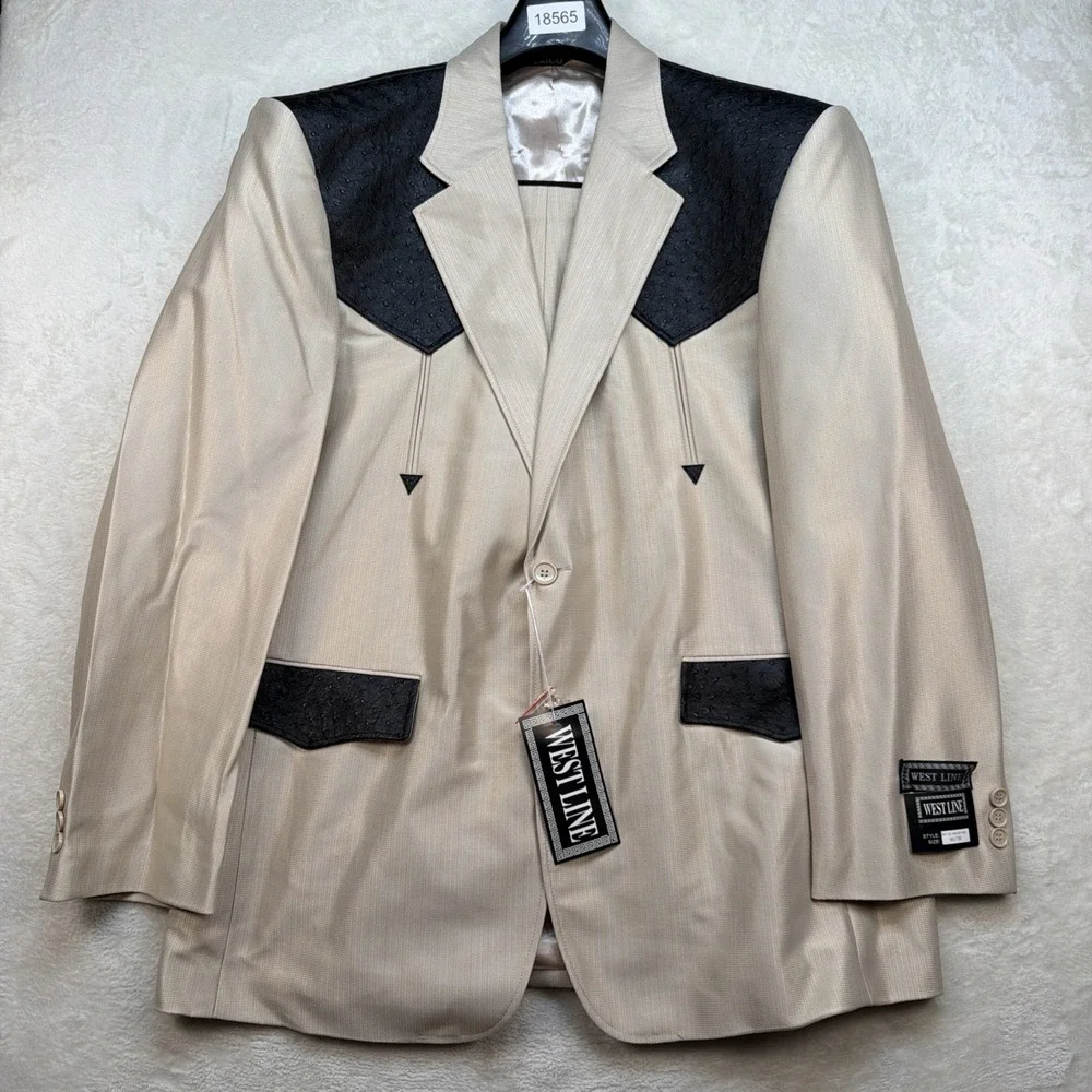 Vintage Western Suit Mens 46R 38‎ Beige Black Rockabilly Deadstock Set